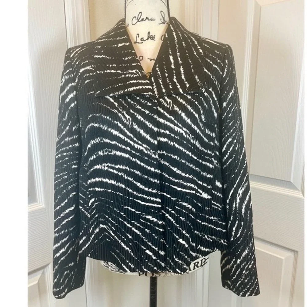 Anne Klein New York Silk Wool Blazer Black White Zebra Print Jacket 12P